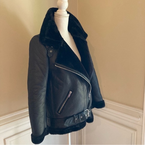 ZARA Black Faux Leather Fur Funnel Neck Moto Aviator Jacket Coat - Picture 14 of 16